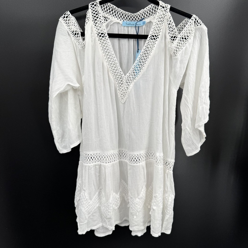 Solitaire Swim‎ Womens Cover Up Tunic Medium White Crochet Cold Shoulder Boho